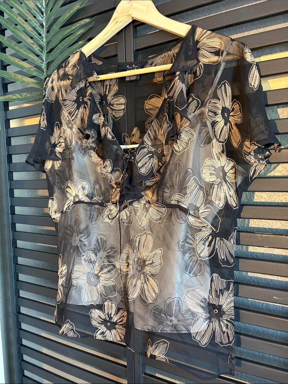 Sheer Black Floral Ruffle Tie-Front Top, Two-Piece with Cami